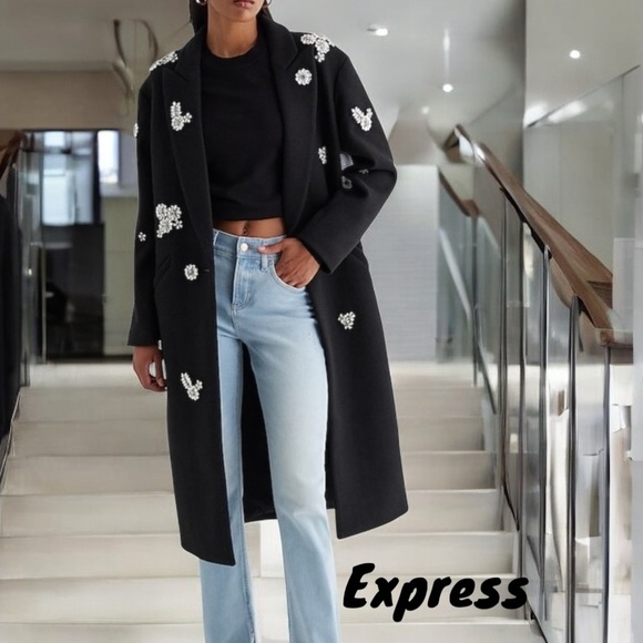 Express New Embellished Stones  Long  Black Women's Coat Extra Small Oversized - Picture 2 of 13